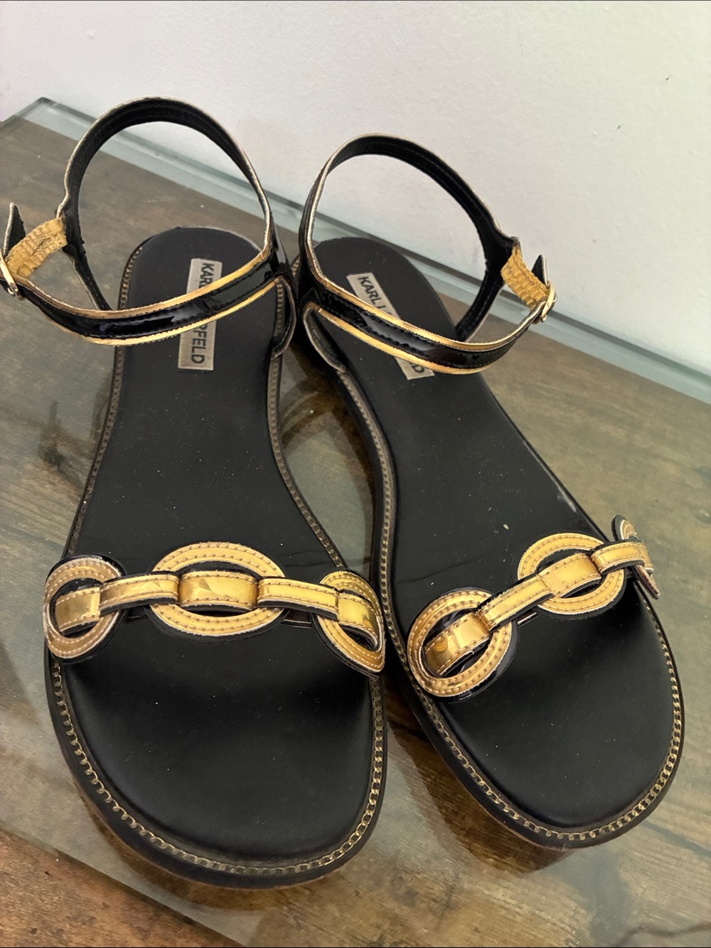 Karl Lagerfeld Black and Gold Chain-Link Ankle Strap Sandals